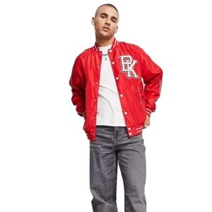 Bershka  Men's Red White Varsity Jacket Nylon Lightweight Size Medium